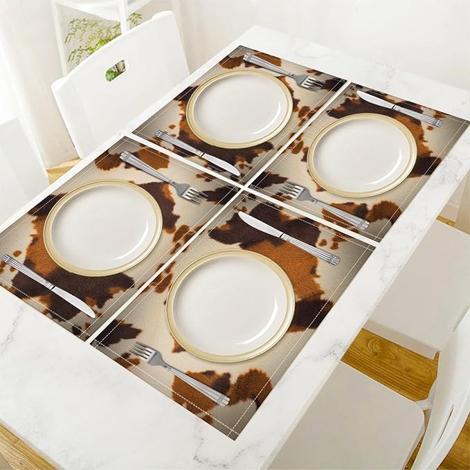 Cow Print Placemats,Farm Animal Brown Cowhide Print Place Mats,Western Highlands Pattern Kitchen Table Mats for Dining Kitchen Party Holiday Decor 12x18 in Set of 6