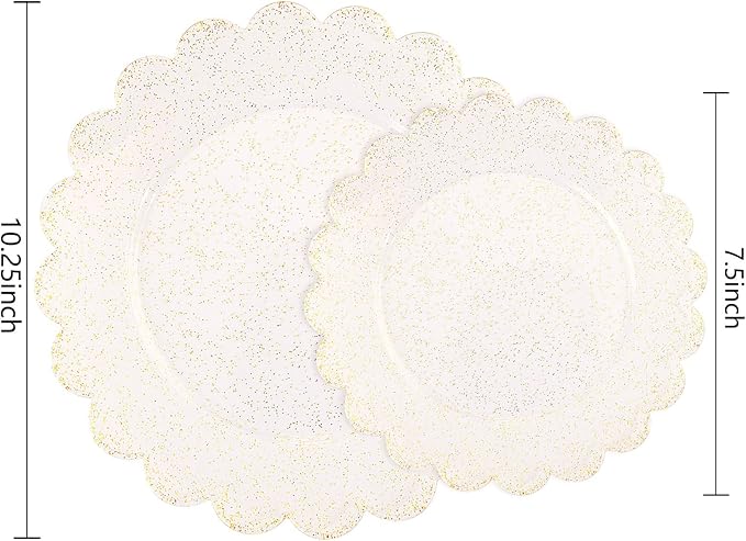 LIYH 60 Pcs Gold Glitter Plastic Scalloped Plates - Disposable Heavyduty Combo Plastic Plates Dishes Included 30 Dinner Plate 30 Dessert Plate for Weddings Party Birthday