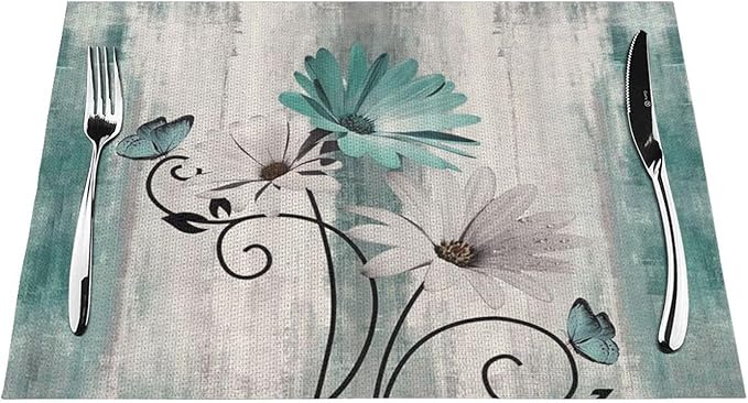 Floral Placemats Set of 4, 12x18 Inch Teal Blue Daisy Flower Table Mats Rectangle Vintage Flowers Holiday Decorative Table Placemats for Party Home Kitchen Dining Table Decoration