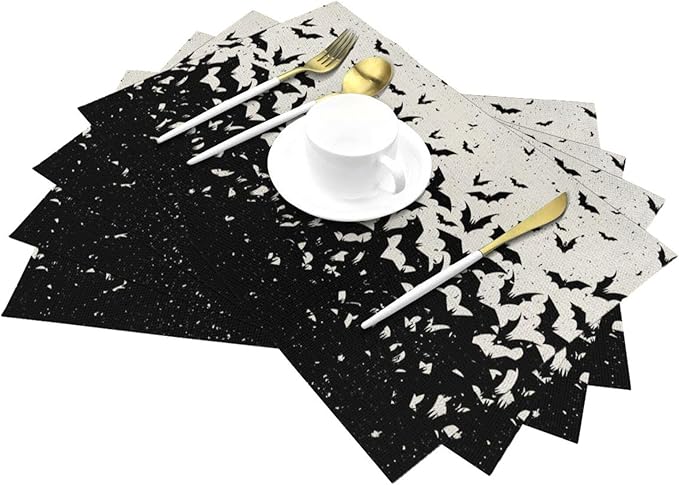 Halloween Placemats 12x18 Inches Set of 4,Black Bat Decorative Autumn Halloween Decoration Rectangle Black Linen Table Mats for Party Home Kitchen Dining Table Decoration