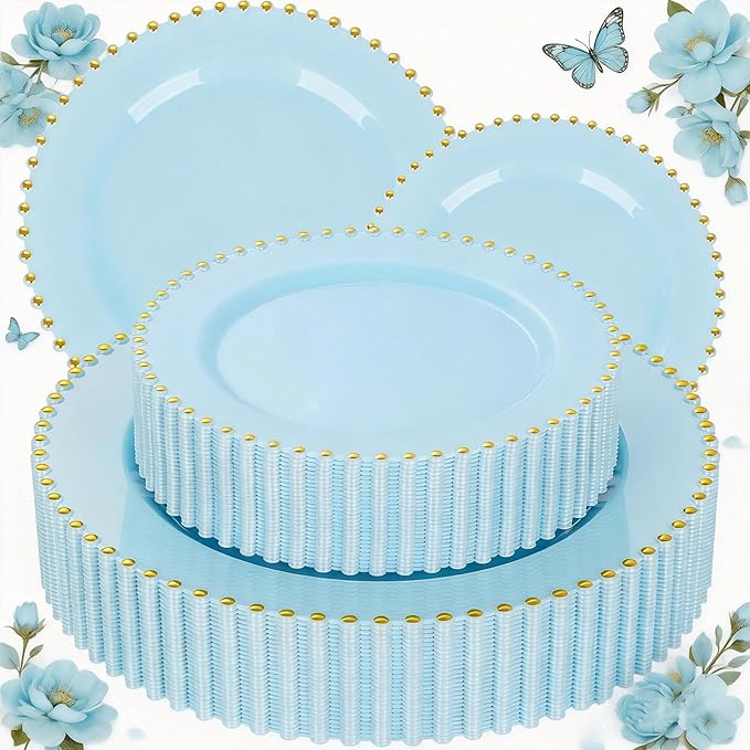 EI 60pcs Blue Plastic Plates,Dispoable Heavy Duty Plastic Plates with Gold Rim,Baby Blue Dessert/Dinner Plate,Fancy Elegant Plate for Party,Birthday,Afternoon Tea