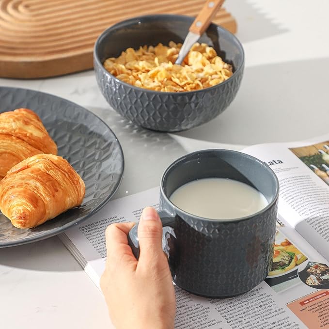 HASENSE Soup Bowls, Cereal Bowls Set of 4, 26oz Embossed Stoneware Porcelain Cereal Bowls, Large Ceramic Soup Bowls for Cereal, Oatmeal, Fruit, Salad, Noodle, Microwave Dishwasher Safe, Gray
