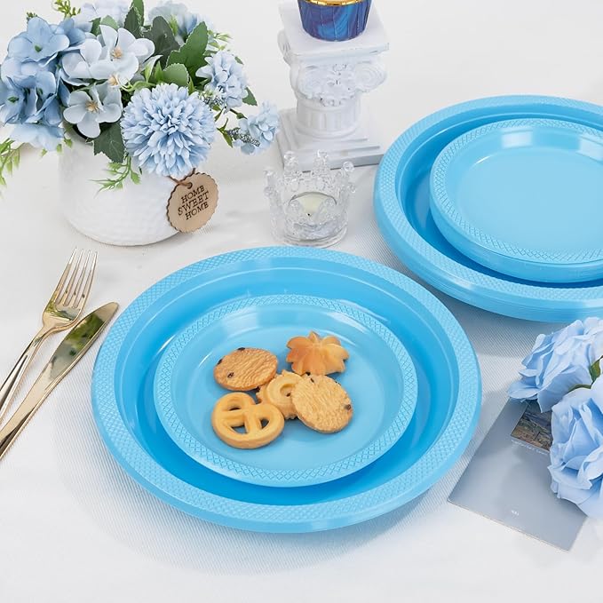 WELLIFE Light Blue Party Plates 7 Inch -150 Count, Disposable Plastic Baby Blue Dessert Plates for Party Cake Appetizer Salad Baby Shower