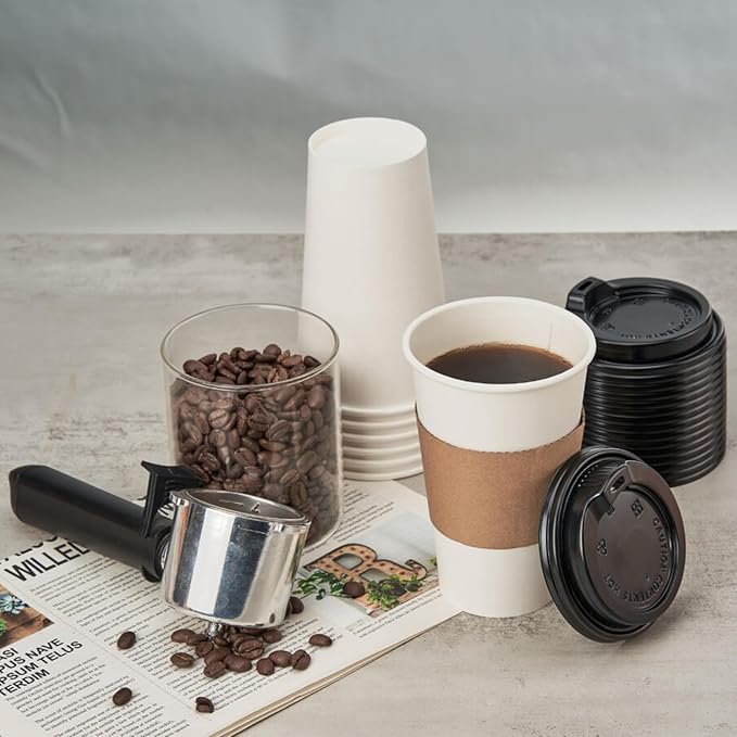 RACETOP 100 Pack Disposable Paper Coffee Cups with Lids & Sleeves, 16 oz, for Party, Church, Travel and Home