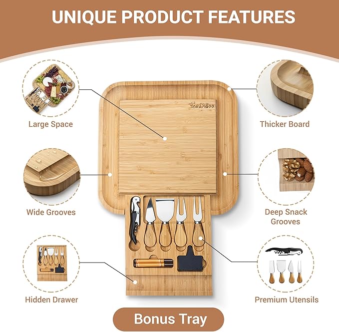 Charcuterie Board Set – Includes Slide-Out Drawer, Complete Hosting Kit with Stainless Utensils, Wine Opener, Slate Labels & Snack Tray – Ideal Gift for Housewarming & Wedding – 13pcs Set
