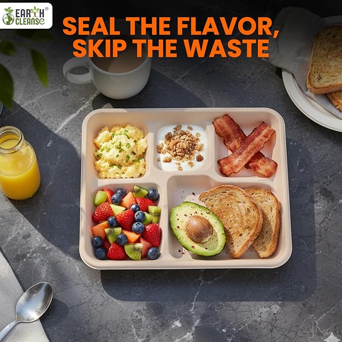 case of 200 5-Compartment School Tray – Eco-Friendly, Biodegradable, Microwave & Freezer Safe – Ideal for Catering, Takeaway & Events – Bulk Pack – Sustainable Disposable Tableware