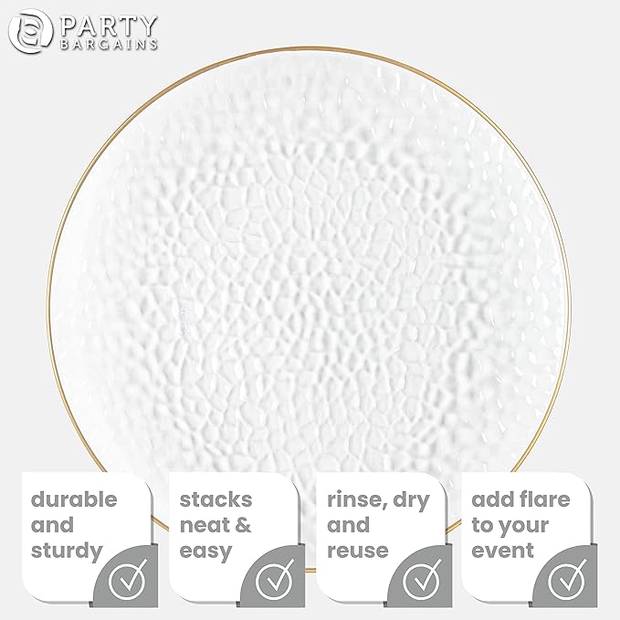 PARTY BARGAINS 13-Inch Charger Plates - 48 Pack, Hammered Clear Gold Rim, Heavy-Duty Disposable Chargers for Elegant Dining - Ideal for Weddings and Formal Events