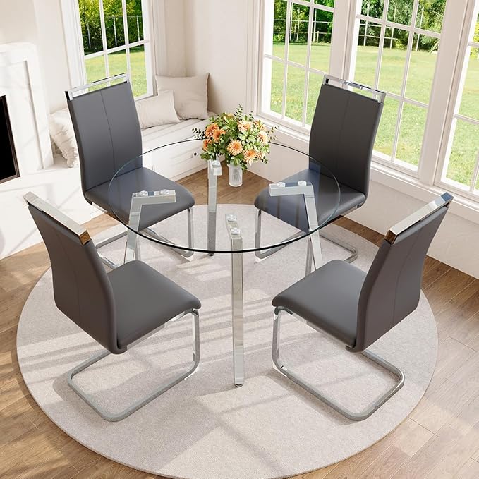 42" Round Glass Dining Table Set for 4,Modern Breakfast Table Set for 4 with Silver Chrome Legs,Space Saving Kitchen Table and Grey Chairs for Apartment,Easy Assembly