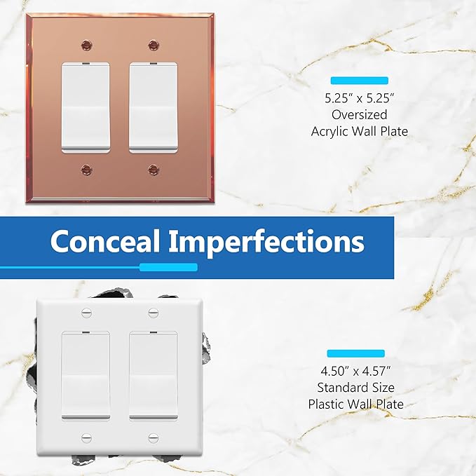 LIDER Double Decorator Wall Plate, Impact Resistant, Mirrored, Plexiglass Dual Outlet Cover or Light Switch Cover, Acrylic, Reflective Finish, Modern, Oversized 2-Gang 5.25" x 5.25", Rose Gold