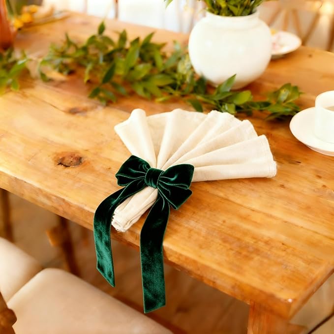 Bow Napkin Rings for Christmas, Wedding, Party, Holiday Table Decor (Dark Green, 6 pcs)