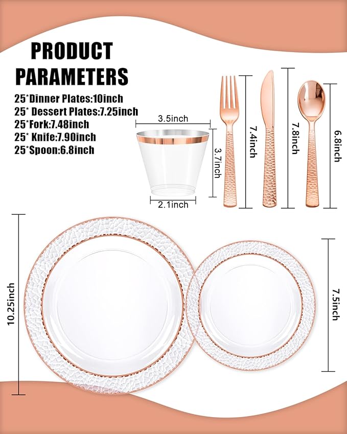 Ciaell 350PCS Rose Gold Plastic Plates - Clear Rose Gold Disposable Plates with Plastic Silverware include 100Plates, 150Silverware, 50Cups, 50Napkins for Wedding & Party & Valentine's Day