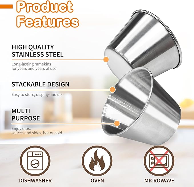 100 Pcs 2.5oz Metal Ramekins Stainless Steel Reusable Sauce Dipping Bowls Bulk Small Sauce Container Round Condiment Cups for Dish Butter Ketchup Kitchen Restaurant Serving BBQ Party Dinner