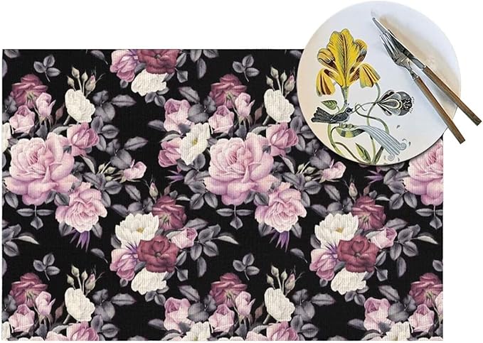 Vintage Floral Placemats Set of 4 Pink Rose Peony Flower Blossom Black Wipeable Table Mats Reusable Washable PVC Rectangle Place Mats for Kitchen Dining Home Decor 12x18 Inches
