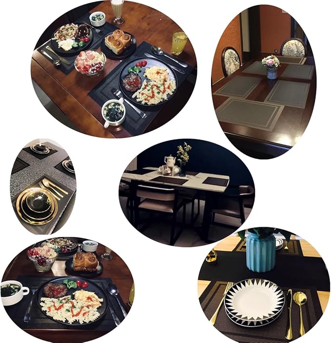 Placemats for Kitchen Woven Vinyl Table Placemat Heat-resistand Table Plastic Mats Set of 4 (Gold+Black)