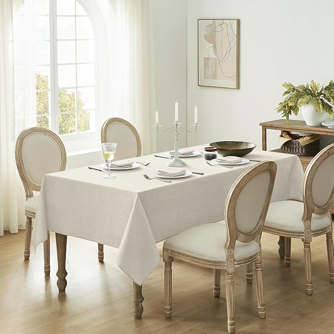 Softalker Extra Lang Tablecloth Rectangular 60 x 144 inch Cream Faux Linen Tablecloth Outdoor Waterproof Stain and Wrinkle Resistant Table Cover for Spring Easter Party Picnic Decor Vintage Tabletop
