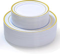 100 PCS Gold Plastic Plates, White and Gold Plastic Plates Include 50 Dinner Plate and 50 Dessert Plate Perfect for Holiday, Party & Wedding