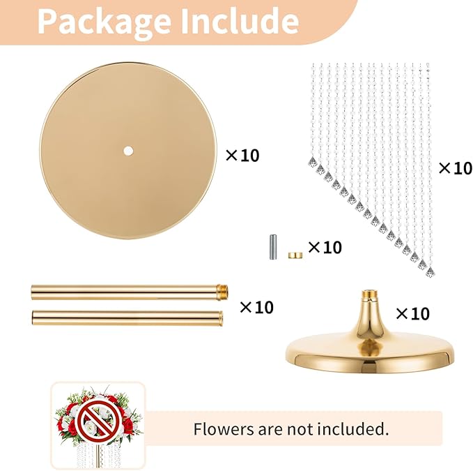 Nuptio Wedding Centerpieces Gold Vases: 10 Pcs 27.6in Tall Crystal Flower Vase Metal Flowers Stand for Party Tables Decorations - Elegant Bulk Weddings Decoration Table Chandelier Centerpiece Stands