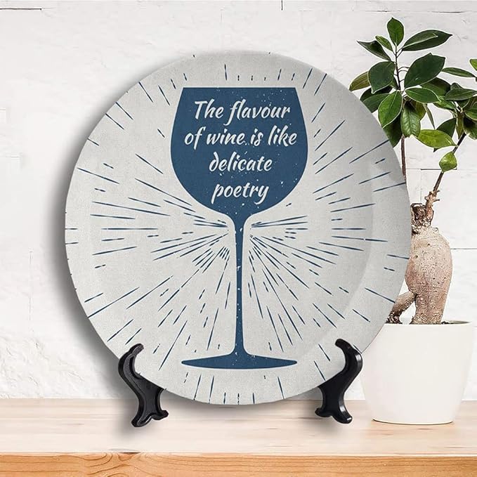 Decorative Plates, Wine Print Ornament, Wine Glass and Vintage Sun Burst Frame, 7 Inch, Kitchen Wall Decor, Night Blue White