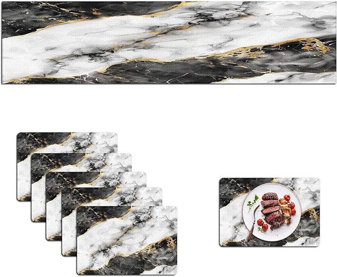 Mcalk Black Marble Table Runner and Placemats Set of 6, Marble Print Placemats, Modern Cloth Place Mats Indoor for Kitchen,Washable Linen Material for Dining Table