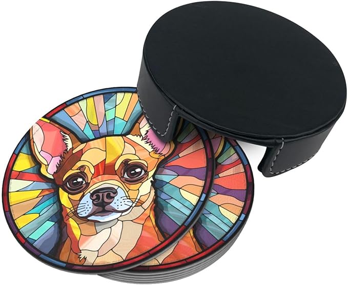 Drink Coaster Set of 6, Chihuahua Dog Mom Lover Gift,Leather Drink Coasters with Holder,6 Pack Cup/Bar/Drink Coasters for Table/Drinks/Coffee Protection Housewarming Gift