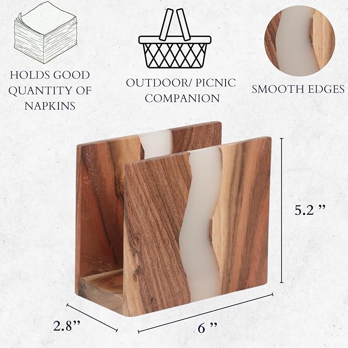 Acacia wood & Transparent Epoxy resin Napkin holder for table, Rustic farmhouse napkin organisation for kitchen, dining, counter tops, restaurant or outdoors | 6x5x2.5 inches|(Cloudy White)