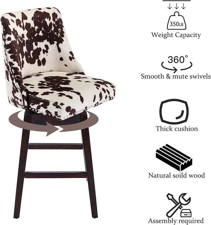 Counter Height Bar Stools Set of 2, Velvet Swivel Kitchen Stool Chairs with Back Mid Century Modern Barstool with Distressed Wood Legs for Dining Bar, Cow
