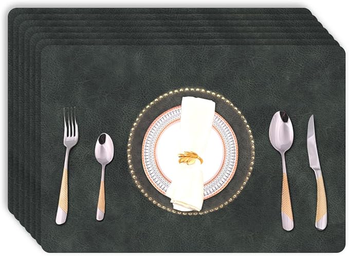 Faux Leather Soft Placemats with Rounded Corners for Kitchen Set of 6,Wipeable Reusable Place Mats,Waterproof&Stain Resistant Table Mats,Washable Heat-Resistant Non-Slip(Black-Grey)