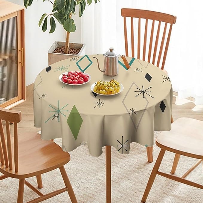 Colorful Middle Century Round Tablecloth, Vintage Bohemian Mid Century Modern Retro Print Tablecloth for Home Party Dining Room Kitchen Decor 60Inch(152cm)