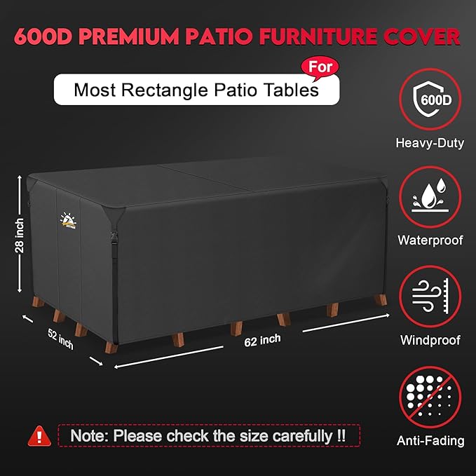 Zettum Patio Furniture Cover Rectangle - 62 Inch Outdoor Table Cover Waterproof & Heavy Duty, 600D Lawn Furniture Set Covers for Outside Rectangular Dining Table and Chairs Combo - 62 x 52 x 28 Inch