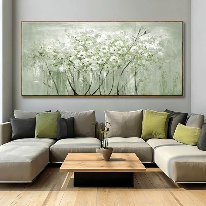 Green and White Floral Wall Art Blossom Canvas Painting Nature-Inspired Artwork Large 40x88 Modern Framed Wall Decor for Living Room Bedroom Office