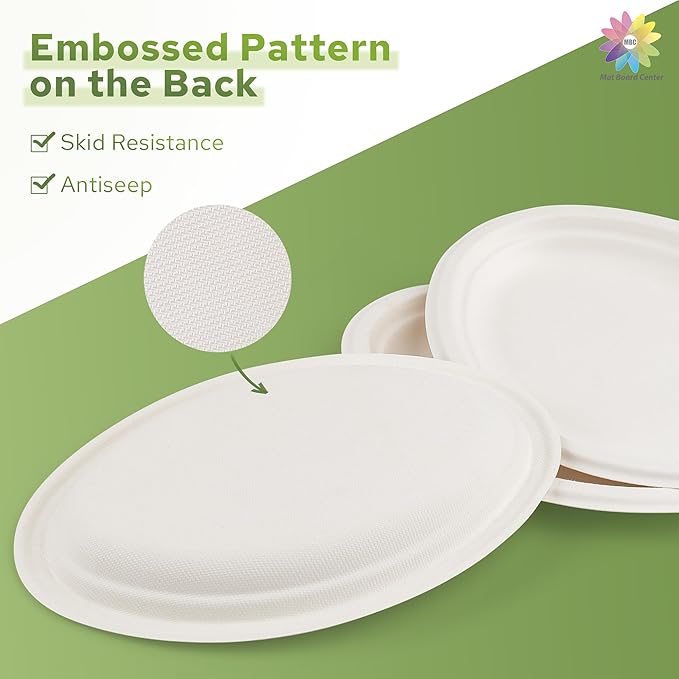 Mat Board Center, 10x7.5 Inch, 500-Count, Compostable Plates, Natural Bagasse (Sugarcane Fiber), Everyday Tableware - Disposable - Oval Shape - Microwave-Safe - Gluten-Free - Eco-Friendly