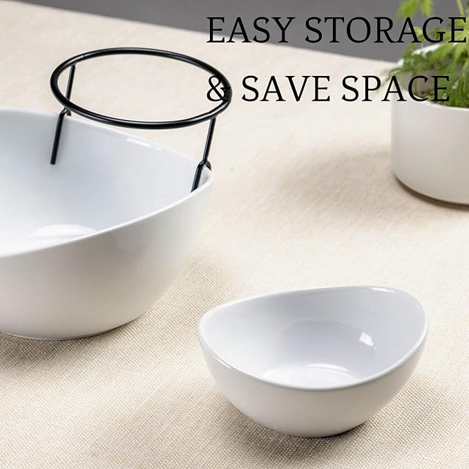 UNICASA Serving Bowls Set, 2 Tier Chip and Dip Bowls with Metal Rack Stand for Fruit, Salad, Candy, Snacks - Ceramic Tiered Appetizer Serving Dishes Food Display Stand for Parties, Kitchen