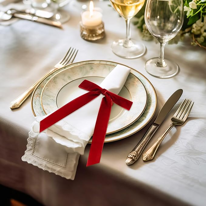 Riceshoot Velvet Bow Napkin Rings Bows with Gold Semicircle Metal Napkin Ring Velvet Bow Holder for Wine Bottles Table Settings Candlestick Wedding Valentine's Day Dinner(Claret Red,12 Pcs)