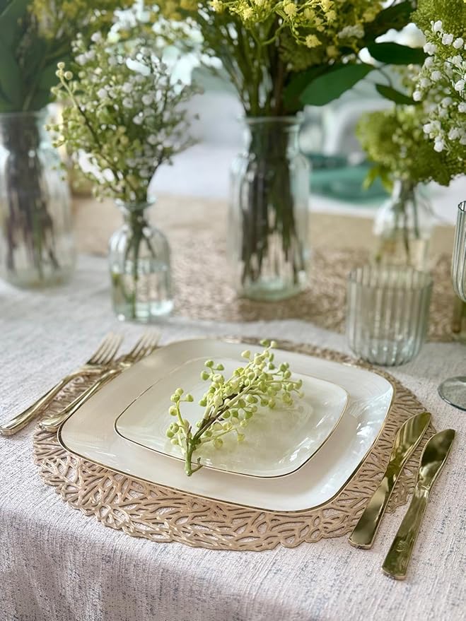 " OCCASIONS " 100 Plates Pack,(50 Guests) Premium Wedding Party Disposable Plastic Plates Set -50 x 10'' Dinner + 50 x 7'' Salad/Dessert (Belize Square in Ivory & Gold)