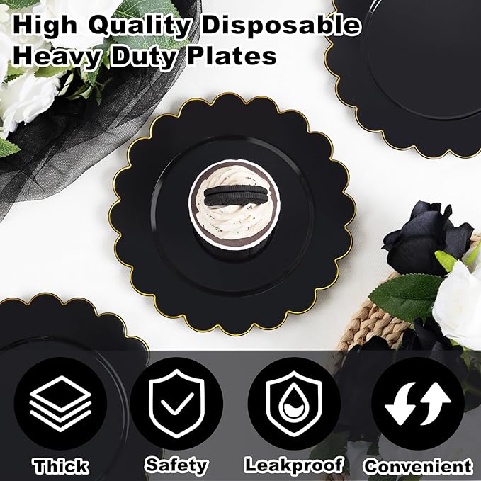 LIYH 100 Pcs Black Plastic Scalloped Plates - Disposable Dessert Plates with Elegant Gold Rim Cake Plate Disposable for Salad Parties Cass Reunions Wedding