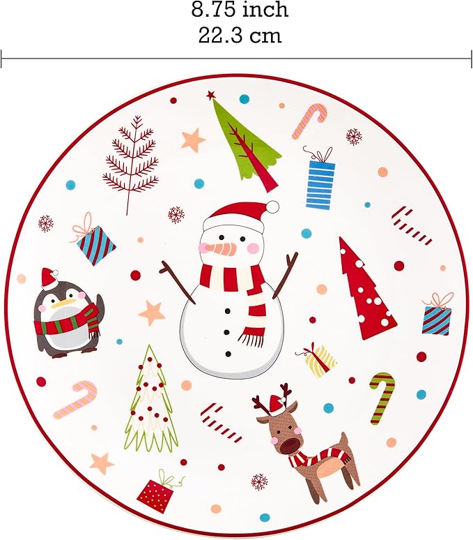 Bico Christmas Merry Crew Salad Plates Set of 4, 8.75 Inch Ceramic Dessert Plates for Salad, Appetizer, Side Dishes, Microwave and Dishwasher Safe, Gift for Housewarming and Christmas