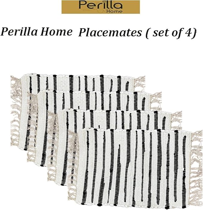 Perilla Home Placemat Set of 4 - Cotton Linen Blend Square Placemats - Farmhouse Rustic Woven Bohemian Machine Washable Table Mats with Tassels for Dining Table Decor (Black & White)