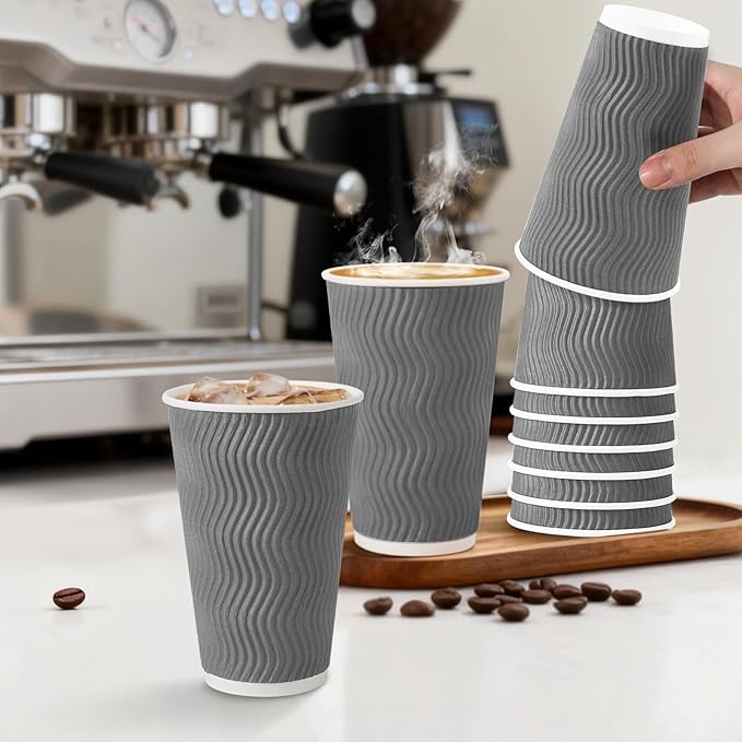 500 Pack 16 oz Disposable Coffee Cups No Lids, Insulated Ripple Wall Paper Coffee Cups 16oz for Hot Chocolate Tea Home Travel Office (Grey)