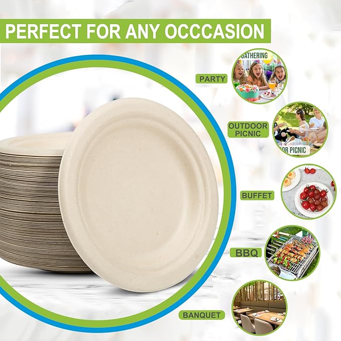 Disposable Plates 100% Compostable Heavy Duty - 9 Inch paper plates bulk for Party, Dinner, Cake, Dessert, Snacks Eco-Friendly Brown