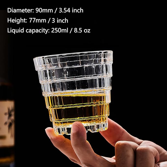 Vintage Drinking Glasses Set of 6, 8 oz Brick-Shaped Glass Cups, Mojito Glass Cups Stackable Water Tumbler, for Beer, Cocktail, Whiskey, Juice & Mixed Drinks.