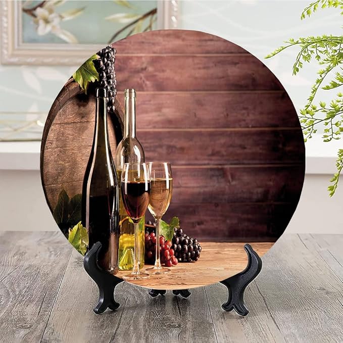 Ceramic Display Plate, Wine Ceramic Hanging Decorative Plate, Rustic Viticulture Concept, 8 Inch, Living Room Kitchen Decoration Household, Brown Green Light Brown