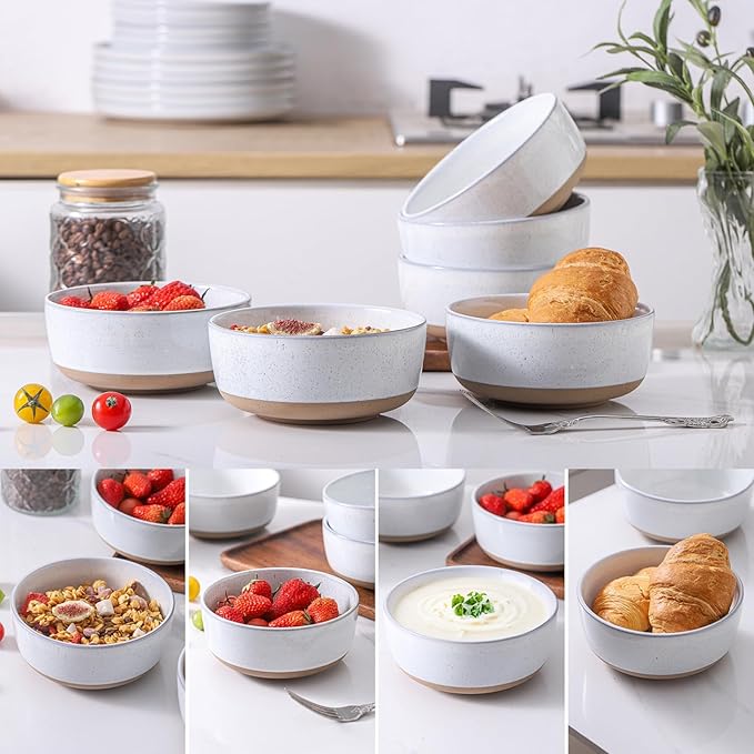 HASENSE 30 OZ Cereal Bowls, Porcelain Soup Bowls for Kitchen, 6 Inch Ceramic Cereal Bowls Set of 6 for Soup, Cereal, Oatmeal and Rice, Microwave and Dishwasher Safe, Bluish White
