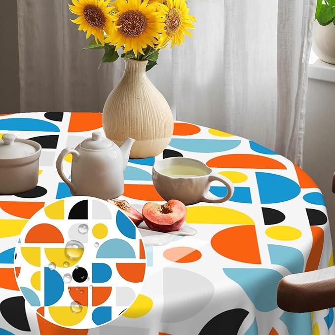 Laeacco 54 Inch Geometric Round Tablecloth Colorful Sector Circular Pattern Modern Abstract Art Print Table Cloth Washable Waterproof Wrinkle Free Table Cover for Kitchen Dining Picnic Party Decor