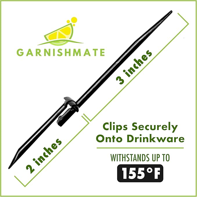 Garnishmate PACK OF 100 Clip On Garnish Holder Pick Cocktail Accessory for Entertaining Drinks and Charcuterie Boards for Home Bar Cart or Bartender Kit for Cocktails Accessories w/Rounded Tip, Black