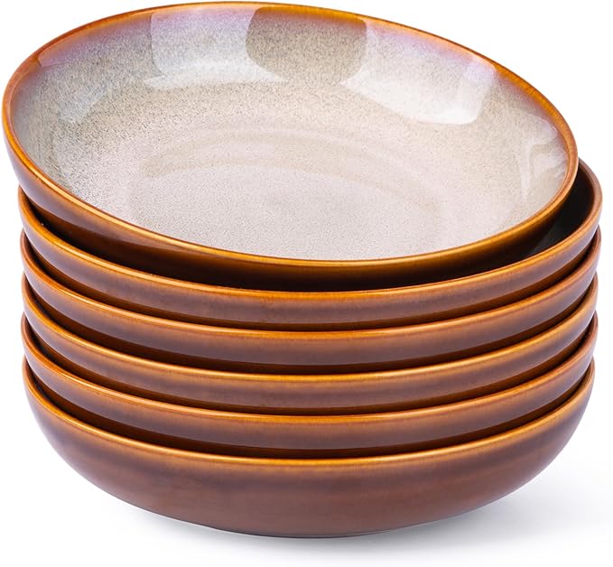 LERATIO Large Pasta Bowls,38oz Ceramic Pasta Bowls,9.0" Reactive Glaze Pasta Bowl Set of 6,Microwave & Dishwasher,Oven Safe,Wide Serving Bowls for Salad,Pasta,Fruit,Scratch Resistant-Khaki