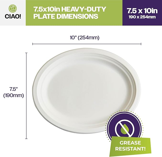 CIAO! 7.5"X10" Heavy Duty Oval Plate 100% Compostable PFAS Free made with Unbleached Bagasse Natural White (Pack of 500)