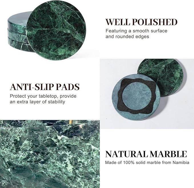 Koville Marble Coaster Set of 4, Round Coasters, 4" Stone Coaster for Drinks Coffee, White Marble Coasters for Coffee Table Home Bar Decor, Heat Resistant, Gift Choice(Green)