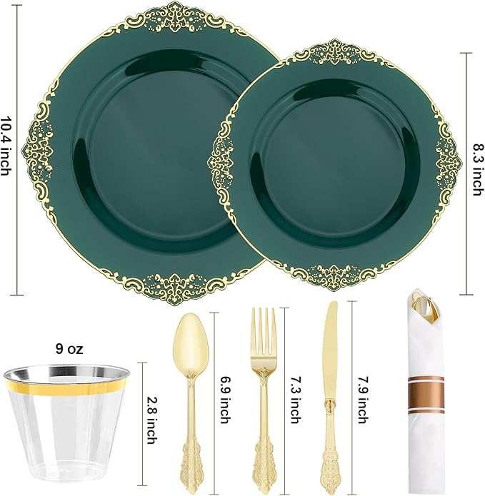 350 PCS Green and Gold Plastic Plates, Plastic Dinnerware Set for 50 Guests, 100 Disposable Plates, 150 Silverwares, 50 Cups, 50 Napkins for Party, Wedding, Graduation