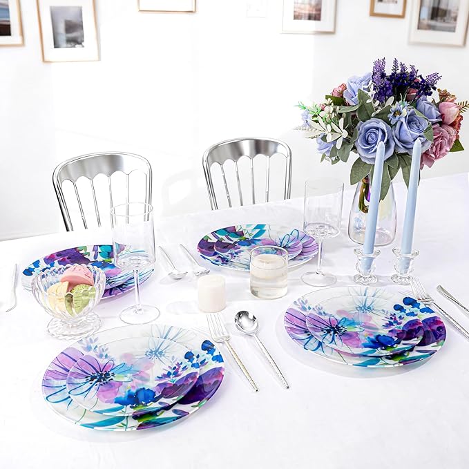 DaYammi 20Pcs Purple Plastic Plates with Watercolor Floral Plates Heavy duty Watercolor floral Plastic Plate 10.25 inch Dinner plates and 7.5 inch Dessert plates for Valentine's Day Party Wedding