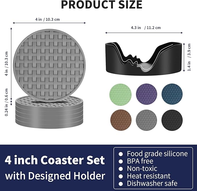 Gray Silicone Coasters with Holder, 4 Inches Non-Slip Heat Resistant Cup Mats, Decorative Waterproof Round Coaster Set of 6 for Home, Kitchen, Office, Bar, Coffee Table